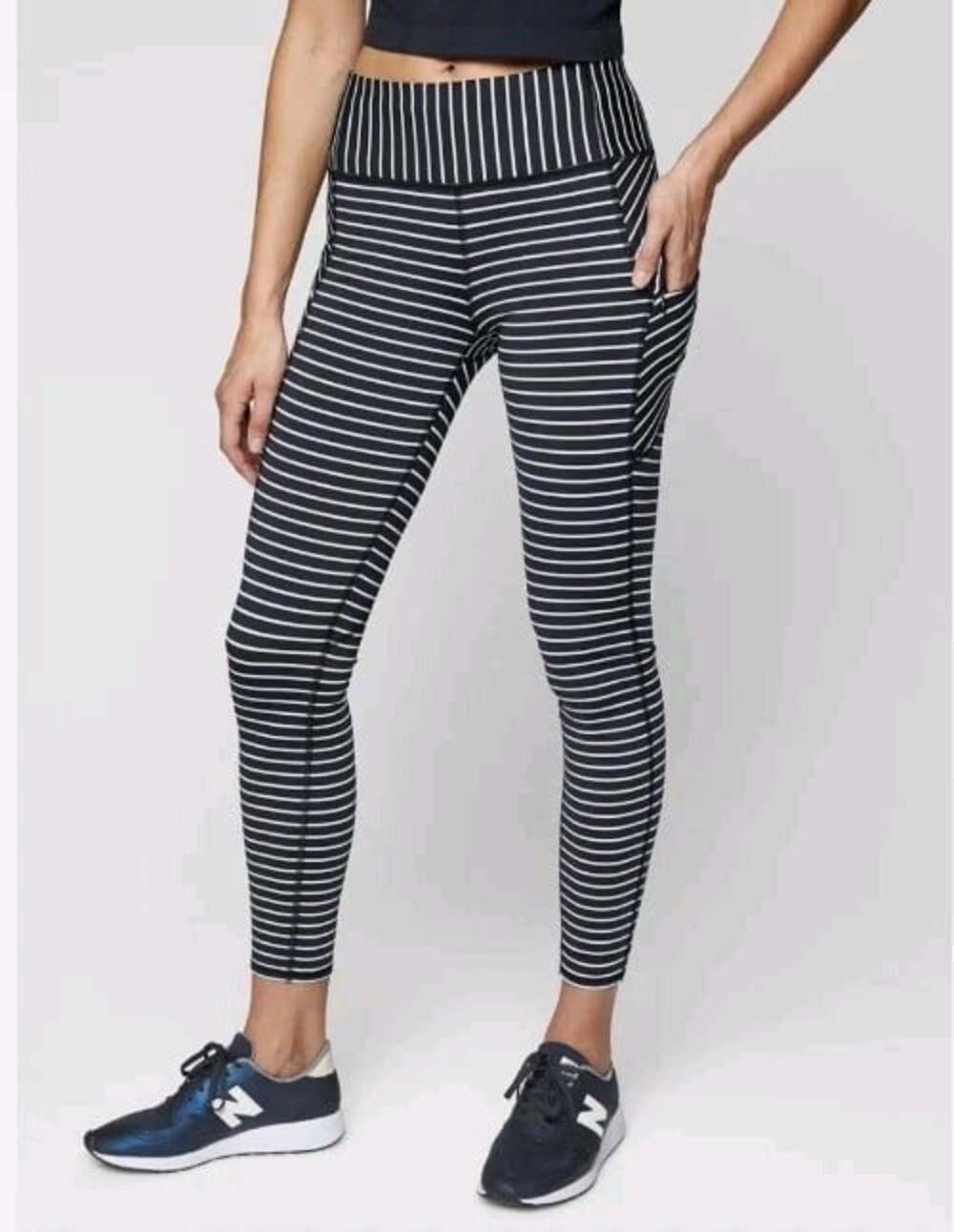 Athleta Leggings Womens Small Navy White Stripe High Rise Yoga Athletic Pocket